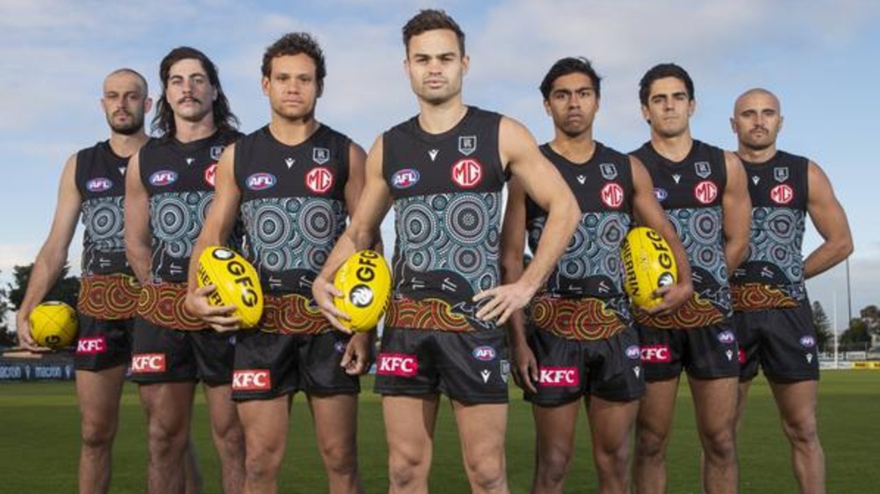 An Indigenous artist has backed Port Adelaide wearing her design for Indigenous Round, after a student won a contest claiming to have created it. Picture: Simon Cross / The Advertiser