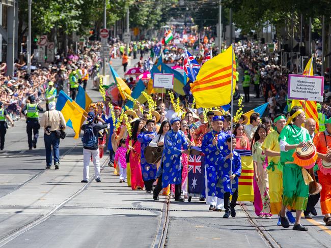 The Australia Day parade makes its way down Swanston Street in Melbourne. Picture: Sarah Matray