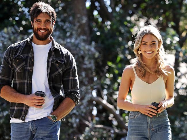 Home And Away actors and friends Sam Frost and Ethan Browne in Rose Bay on Saturday. Picture: Tim Hunter.