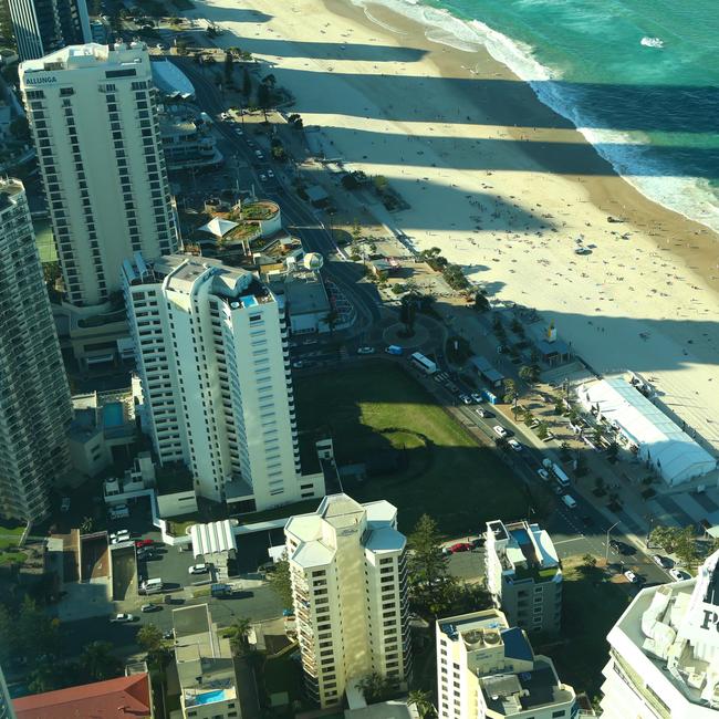 Looking North from the Q1 displaying the length of shadows along Surfers paradise Beach, showing the old Iluka site as a 100 storey highrise is planned for the site. Photo: Kit Wise