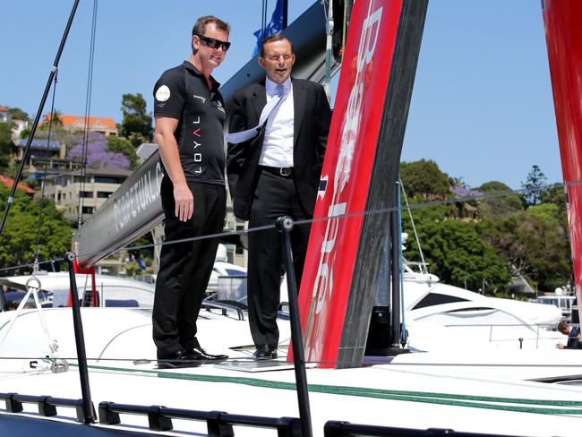 Prime Minister Tony Abbott and Anthony Bell Skipper of the Supermaxi Loyal after the launch of the yachts Sydney Hobart Campaign at Rose Bay Marina. Picture: Gregg Porteous