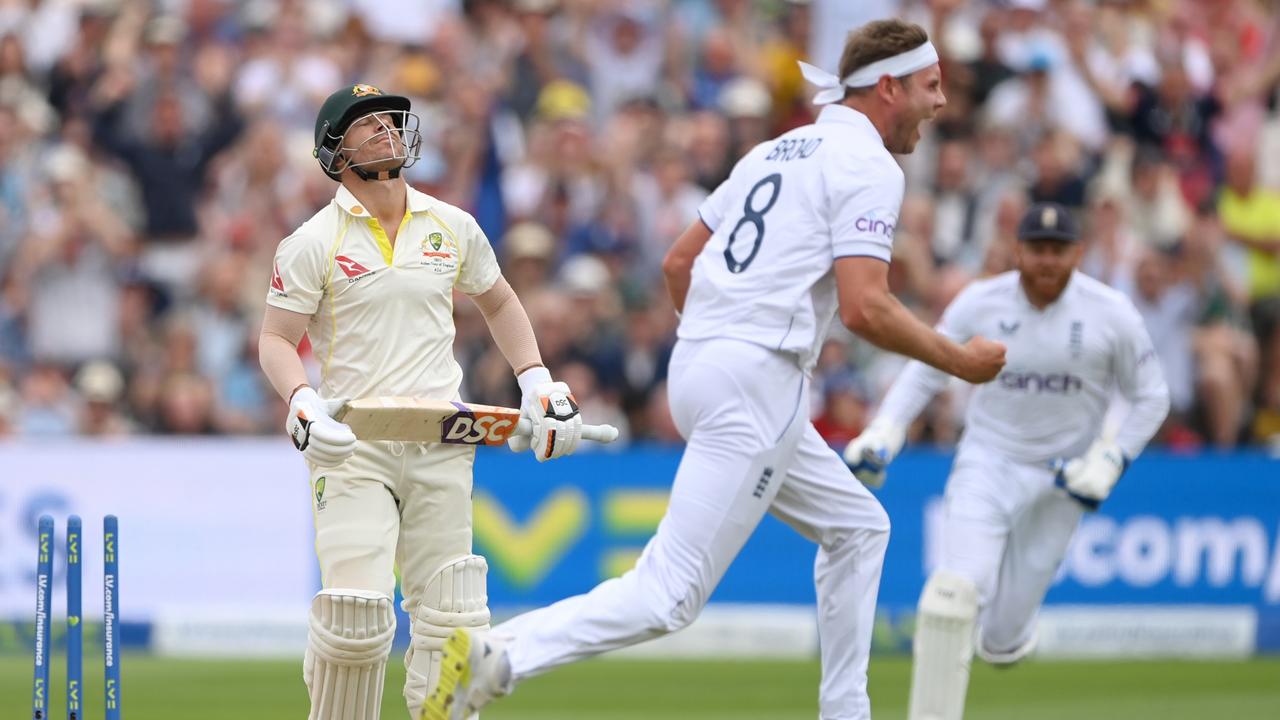 David Warner after being dismissed by Stuart Broad. Photo by Stu Forster/Getty Images