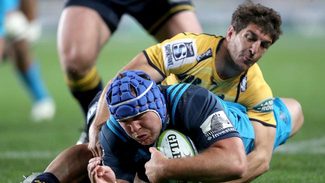 James Parsons of the Blues scores a try at Eden Park.