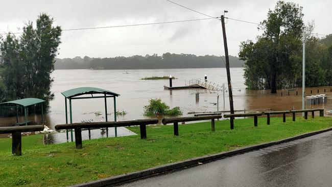 Bradbury Wharf at Milperra was almost completely submerged. Picture: Paul Brescia