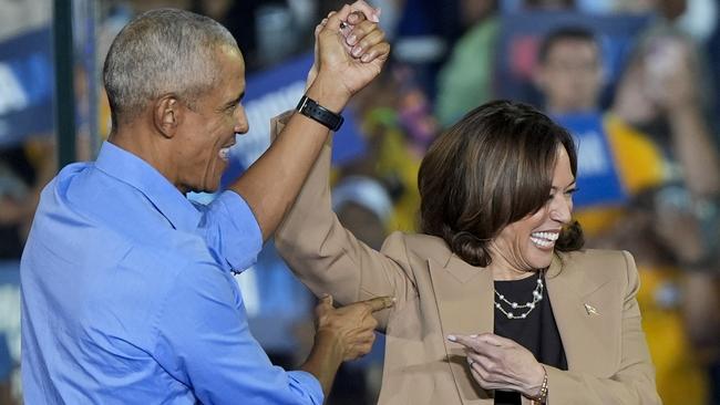 Former president Barack Obama introduces Kamala Harris at a rally in Clarkston, Georgia. Picture: AP