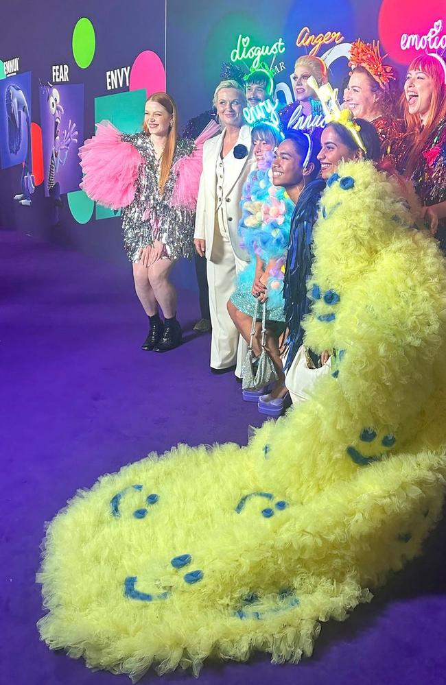 Actor Amy Poehler poses with Aussie stars wearing Rachel Burke's designs at the Australian premiere of Inside Out 2 on May 27, 2024. Photo: Instagram.