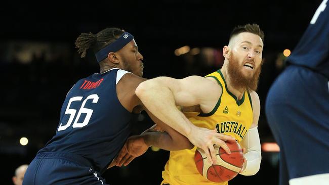Mareeba’s Aron Baynes rose to great heights to claim a bronze medal with the Australian Boomers in Tokyo. Picture: Mark Stewart