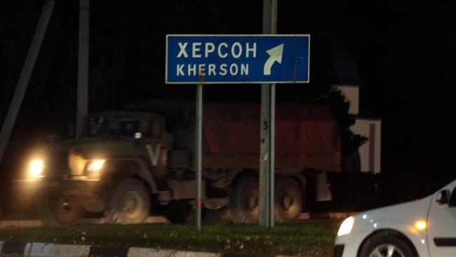 A road sign on Wednesday reading ‘Kherson’ in the town of Armyansk in the north of Moscow-annexed Crimean peninsula bordering the Russian-controlled Kherson region in southern Ukraine. Picture: AFP