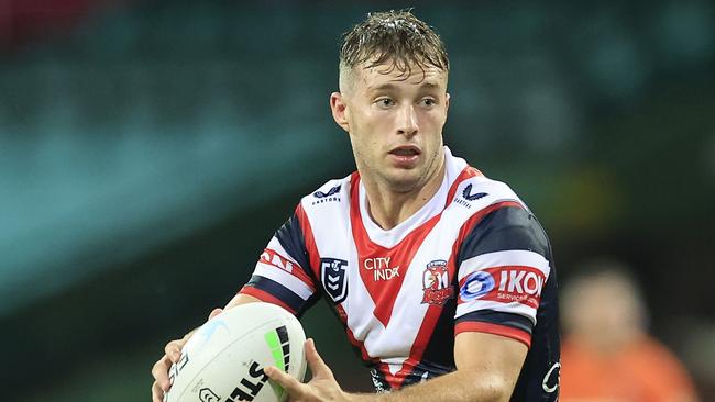 SYDNEY, AUSTRALIA - MARCH 18: Sam Walker of the Roosters runs with the ball during the round two NRL match between the Sydney Roosters and the Manly Sea Eagles at Sydney Cricket Ground, on March 18, 2022, in Sydney, Australia. (Photo by Mark Evans/Getty Images)