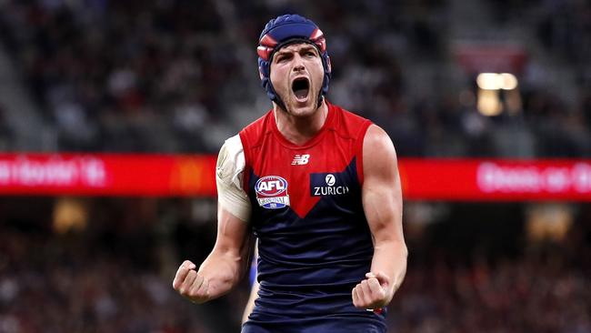 PERTH, AUSTRALIA - SEPTEMBER 25: Angus Brayshaw of the Demons celebrates a goal during the 2021 Toyota AFL Grand Final match between the Melbourne Demons and the Western Bulldogs at Optus Stadium on September 25, 2021 in Perth, Australia. (Photo by Dylan Burns/AFL Photos via Getty Images)