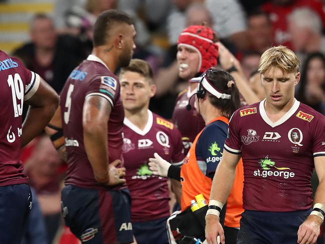 BRISBANE, AUSTRALIA - MAY 22: The Reds react during the round two Super Rugby Trans-Tasman match between the Queensland Reds and the Crusaders at Suncorp Stadium on May 22, 2021 in Brisbane, Australia. (Photo by Jono Searle/Getty Images)