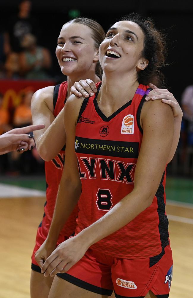 Alex Ciabattoni of the Lynx celebrates after winning the round 15 WNBL match between Townsville Fire and Perth Lynx at Townsville Entertainment Centre, on February 16, 2025, in Townsville, Australia. (Photo by Ian Hitchcock/Getty Images)