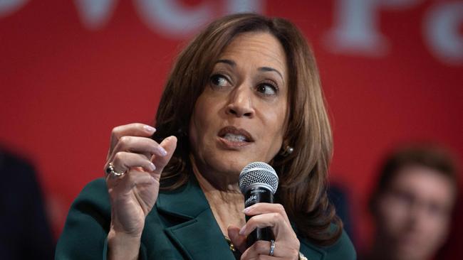 BROOKFIELD, WISCONSIN - OCTOBER 21: Democratic presidential nominee, U.S. Vice President Kamala Harris fields questions during a town hall style campaign event with former U.S. Rep. Liz Cheney (R-WY) on October 21, 2024 in Brookfield, Wisconsin. The event was one of three Harris had scheduled today in three different swing states, Wisconsin, Michigan and Pennsylvania.   Scott Olson/Getty Images/AFP (Photo by SCOTT OLSON / GETTY IMAGES NORTH AMERICA / Getty Images via AFP)