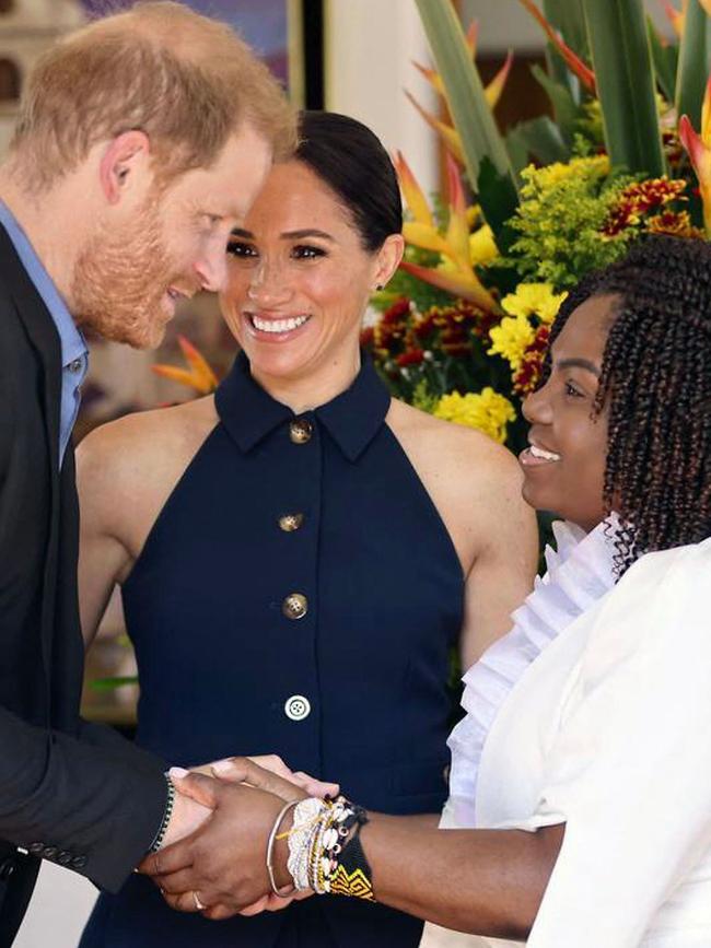 Prince Harry and wife Meghan pictured shaking hands with Colombian Vice President Francia Marquez in Bogota. Picture: AFP Photo/Colombia’s Vice Presidency Press Office