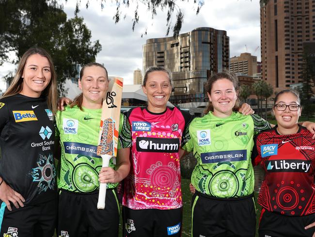 Indigenous WBBL players Mikayla Hinkley, Anika Learoyd, Ashleigh Gardner, Hannah Darlington and Ella Hayward. Picture: Sarah Reed/Getty Images for Cricket Australia