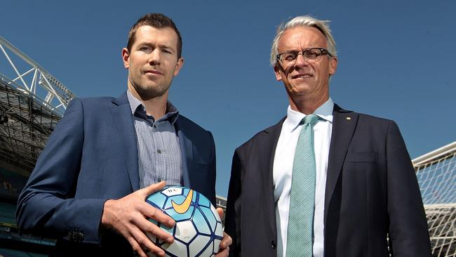 Former Socceroo Brett Emerton and FFA CEO David Gallop announce Sydney as the host of Australia’s playoff match against Syria.