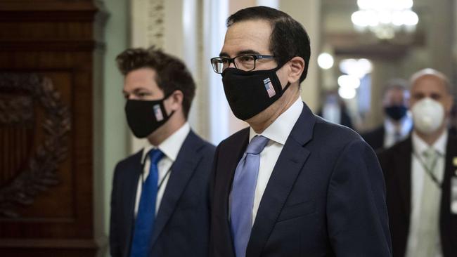 Treasury Secretary Steven Mnuchin leaves a meeting at the US Capitol in Washington. Picture: AFP