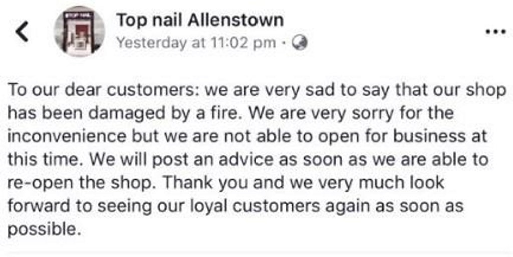 Owners of Top- Nail Allenstown issued this apology on its Facebook page after the fire. Picture: Facebook