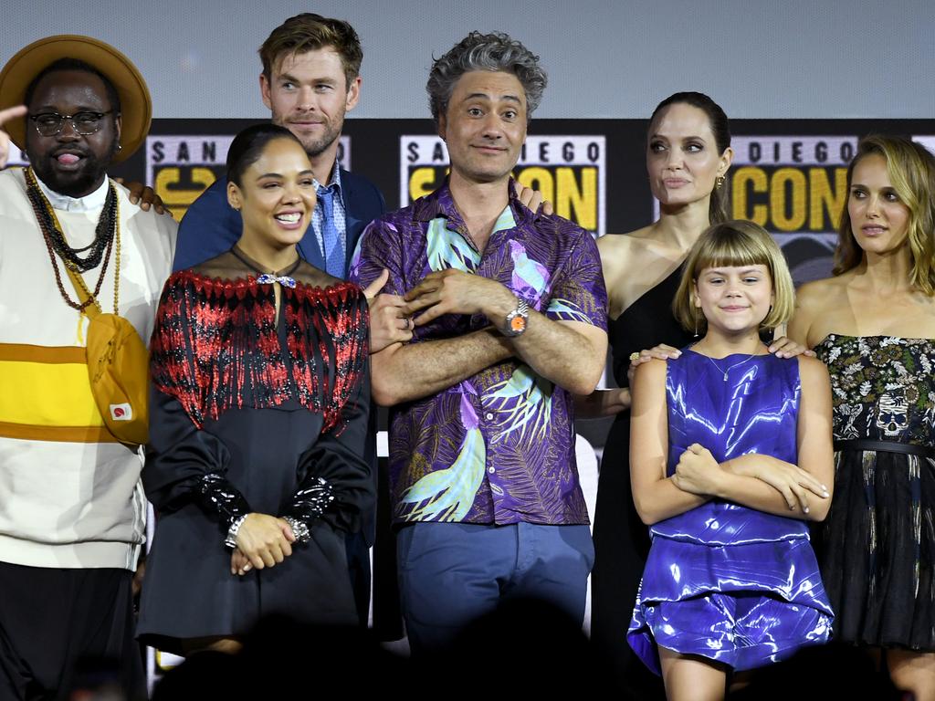 Brian Tyree Henry, Tessa Thompson, Chris Hemsworth, Taika Waititi, Angelina Jolie, Lia McHugh and Natalie Portman speak at the Marvel Studios Panel during 2019 Comic-Con International. Picture: Kevin Winter/Getty Images