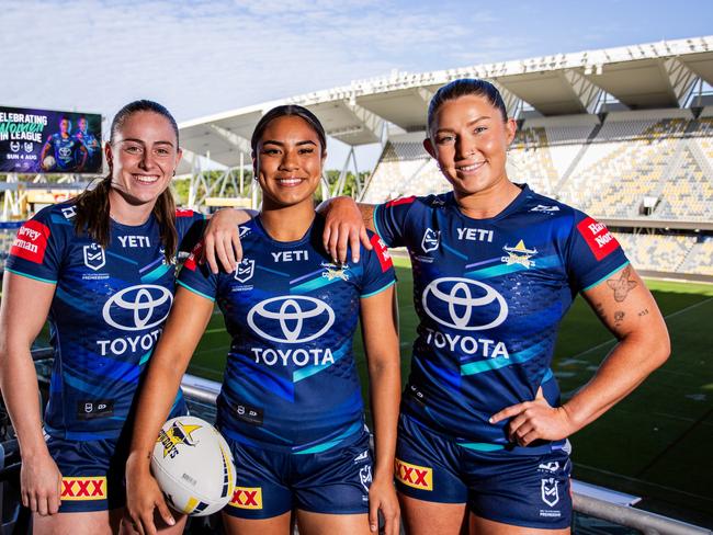 North Queensland Cowboys NRLW players Francesca Goldthorp, Jasmine Peters, Makenzie Weale are set to kickoff the season. Photo: Cowboys Media