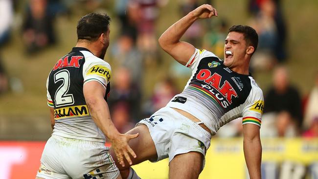 SYDNEY, AUSTRALIA — JULY 28: Nathan Cleary of the Panthers celebrates scoring a try during the round 20 NRL match between the Manly Sea Eagles and the Penrith Panthers at Lottoland on July 28, 2018 in Sydney, Australia. (Photo by Matt Blyth/Getty Images)