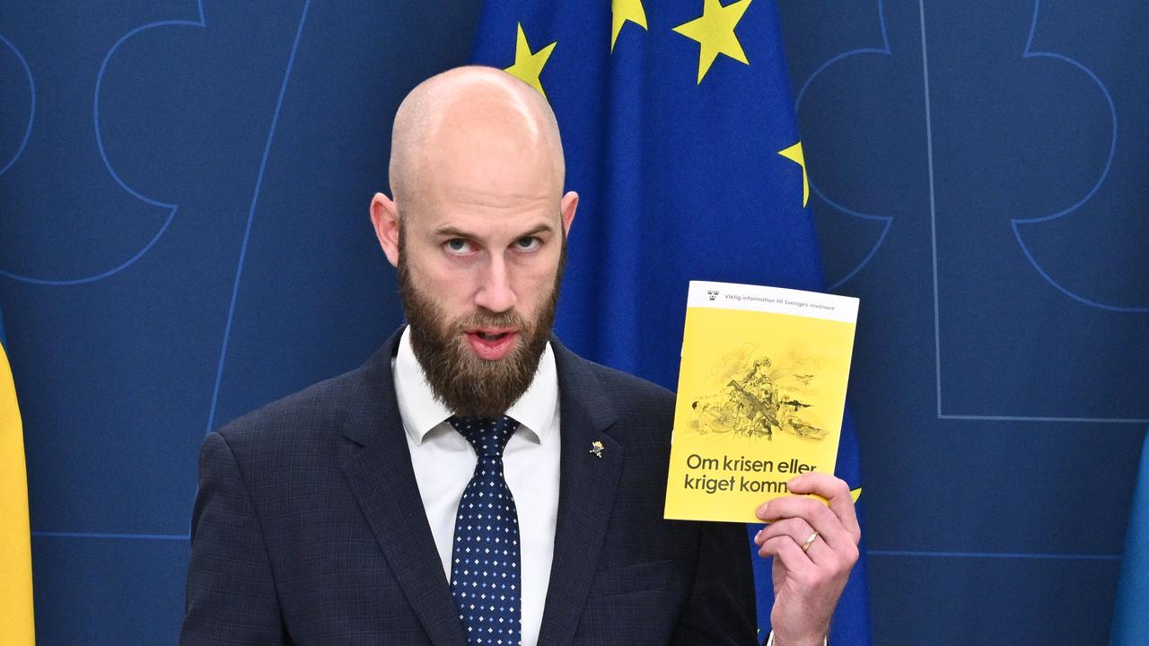 Sweden's Minister for Civil Defence Carl-Oskar Bohlin presents the new version of the preparedness booklet "If the crisis or war comes", that will be distributed to all households, in Stockholm. Picture: Claudio Bresciani/TT News Agency/AFP