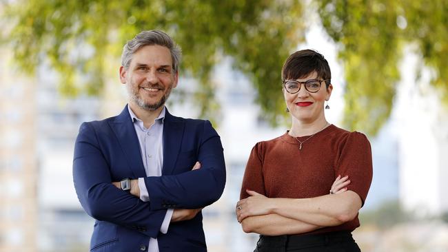 Queensland Greens MPs Michael Berkman and Amy MacMahon in Brisbane’s West End this month. Picture: Josh Woning.