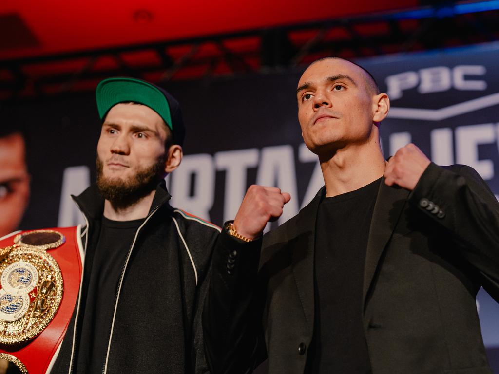 Tim Tszyu comes face-to-face with Bakhram Murtazaliev. Picture: Johnny Garcia