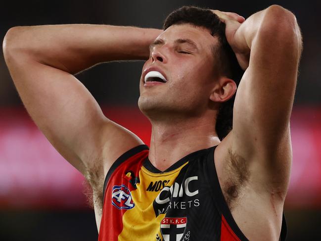 MELBOURNE - July 8 : AFL.   Rowan Marshall of the Saints reacts late in the last qtr during the round 17 AFL match between St Kilda and Melbourne at Marvel Stadium  on July 8, 2023.  Photo by Michael Klein.