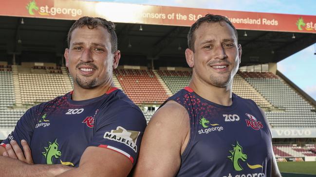 Supplied image of QLD Reds twins and fellow props JP (left) and Ruan Smith. Photo: Brendan Hertel, QRU