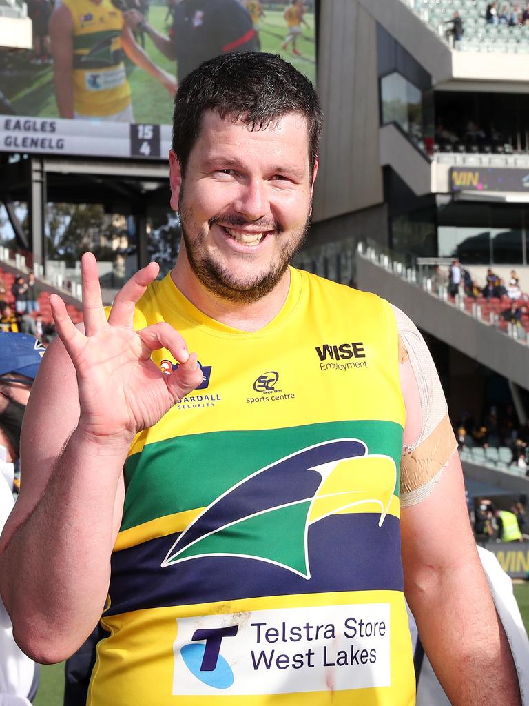 Jarrad Redden celebrates his third SANFL premiership after the Eagles beat Glenelg in the 2021 Grand Final. Picture: Sarah Reed.