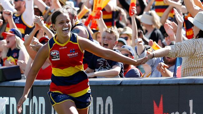 Danielle Ponter of the Crows celebrates a goal during the 2022 AFLW Grand Final. Picture by Dylan Burns/AFL Photos via Getty Images.