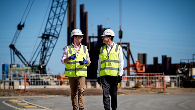 Naval Group global chief executive Pierre Eric Pommellet visited the Osborne shipyard being built in Port Adelaide for the Future Submarines in February with Finance Minister Simon Birmingham. Picture: Mike Burton