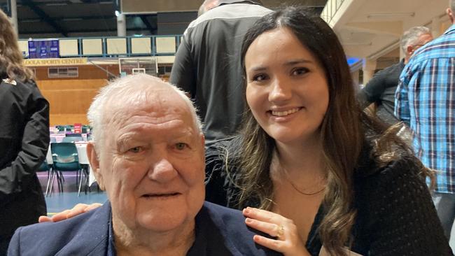 Jim and Alex Tierney celebrate the 50th anniversary of the Rainbows Rugby League Football Club at its golden jubilee at the Gympie Showgrounds Pavilion on the night of June 3, 2023.