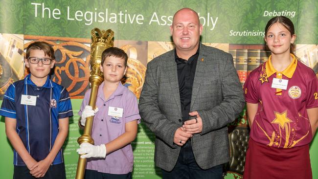 Logan Beale youth Premier from Victoria Park State School, Xavier Veiver Sergeant at Arms from St Brendan's Catholic Primary School, Curtis Pitt Speaker of the Legislative Assembly of Queensland Member for Mulgrave and Kamaya Budby from Sarina State School Opposition Premier at the 2022 Mackay Youth parliament. Picture: Michaela Harlow