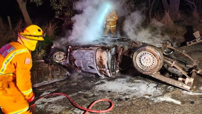 Emergency services were called to a ute fire on Savages Rd at Fish Creek about 12.30am Wednesday. Picture: Facebook/Fish Creek CFA Fire & Rescue