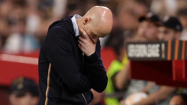 (FILE PHOTO) Manchester United Manager Erik ten Hag Sacked SEVILLE, SPAIN - APRIL 20: Erik ten Hag, Manager of Manchester United, looks dejected during the UEFA Europa League Quarterfinal Second Leg match between Sevilla FC and Manchester United at Estadio Ramon Sanchez Pizjuan on April 20, 2023 in Seville, Spain. (Photo by Gonzalo Arroyo Moreno/Getty Images)