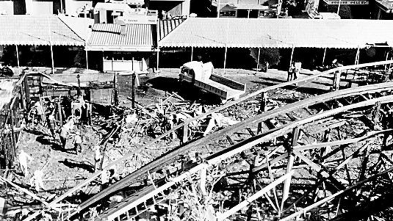 An aerial view of the damage following the fire on the Ghost Train ride at Luna Park in Sydney in 1979, which killed seven. Picture: Bromley.