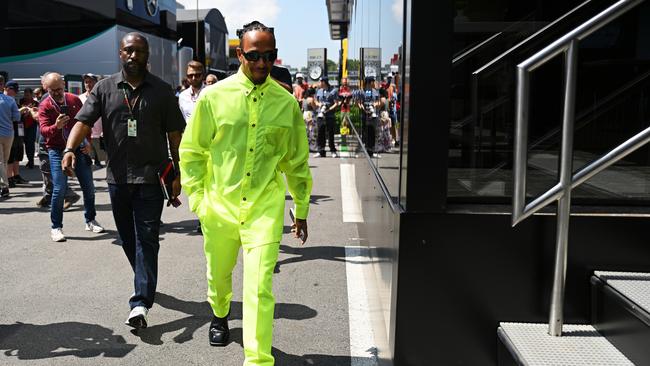 Lewis Hamilton makes another dramatic arrival. Photo by David Ramos/Getty Images.