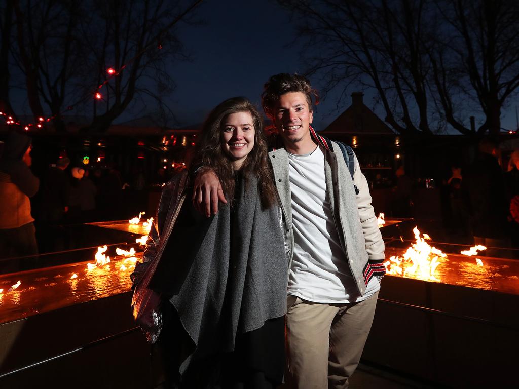 Friends Vira Koshkina and Kirill Kliavin, from Melbourne, visiting Hobart for Dark Mofo at the first night of the Winter Feast at PW1. Picture: NIKKI DAVIS-JONES