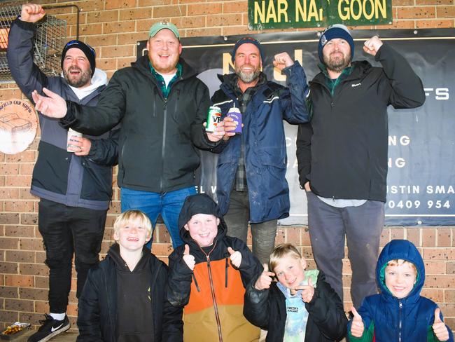 West Gippsland league grand final match 2024 — Phillip Island Bulldogs V Nar Nar Goon "The Goon" Football Club at Garfield Recreation Reserve on September 14, 2024: Ben Rotheram, Paul Tremewen Steve Clapp, Ben Hanson, Freddie, Ollie, Albie and Wes. Picture: Jack Colantuono