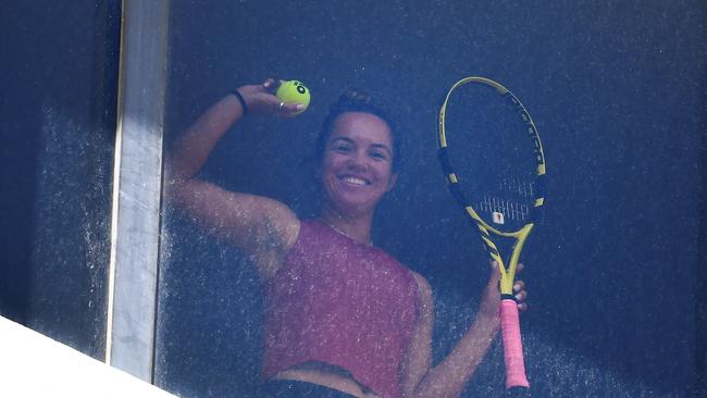 American Desirae Krawczyk is all smiles within her quarantine hotel. Picture: AFP