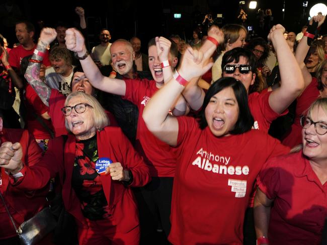Labor Party supporters react at their party headquarters in Sydney as the election is called for Anthony Albanese. Picture: AP