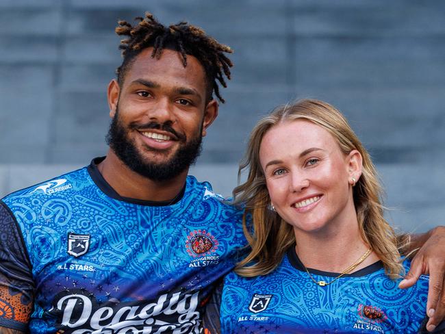 Daily Telegraph. 13, February, 2025.All Stars rugby league players Hamiso Tabuai-Fidow and Jaime Chapman, in Darling Harbour, today. The pair will be in action at CommBank Stadium. Picture: Justin Lloyd.