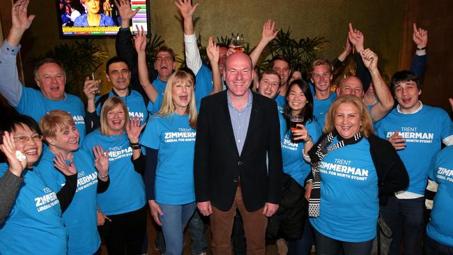 Trent Zimmerman has retained his North Sydney seat and is celebrating with volunteers at the Firehouse Hotel in North Sydney. Picture: Adam Ward