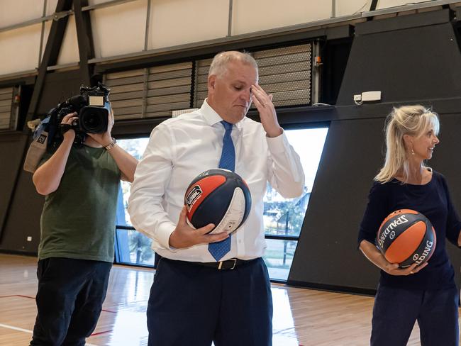 Prime Minister Scott Morrison copped a ball to the face during a visit to the Wurdi Baierr basketball stadium in Torquay, Victoria. Picture: Jason Edwards