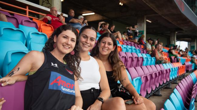 Jess Anglessey, Keely Bent and Naomi Caulfield at the NTFL Buffaloes' vs the Essendon Bombers, TIO Darwin. Picture: Pema Tamang Pakhrin