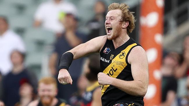 Josh Scott celebrates a goal to put Glenelg on the path to the grand final. Picture SARAH REED