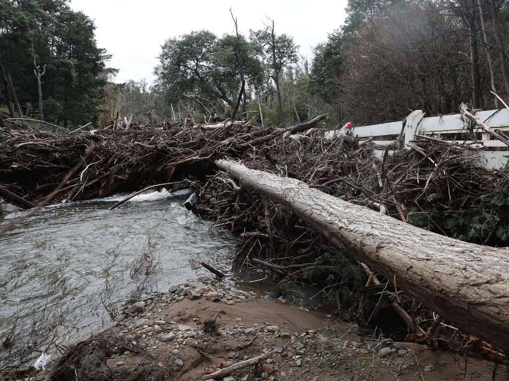 The wooden bridge on Glen Dhu Road that has been destroyed by flood water. Picture: LUKE BOWDEN