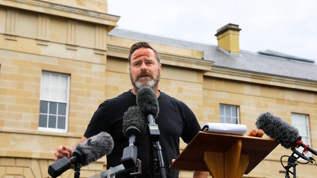 Peter Wish-Wilson, Green Senator, speaking at the Invasion Day Rally in Hobart. Picture: Mireille Merlet